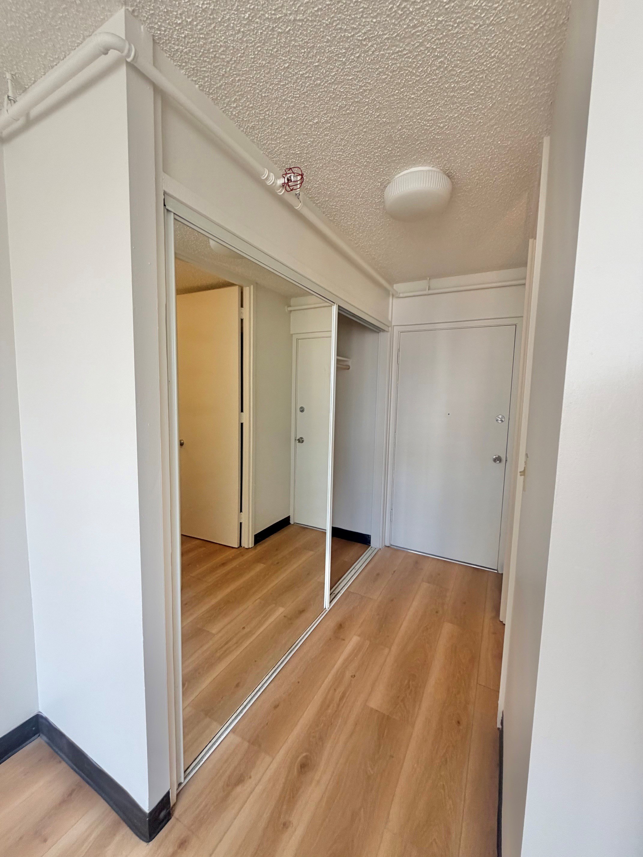 A hallway with a mirror on the wall and wooden floors.